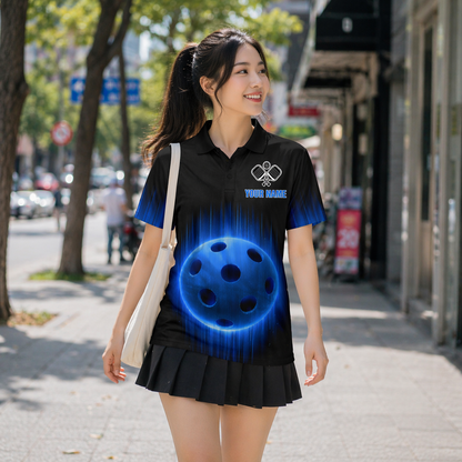 Personalized Pickleball Polo Shirt Men Custom Name Team Glowing Blue Ball Lightning Design Moisture Wicking Polyester Black Blue Short Sleeve Tee