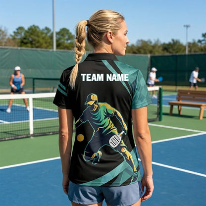 Pickleball Polo Shirt Custom Name Team Name Black Teal Performance Athletic Shirt