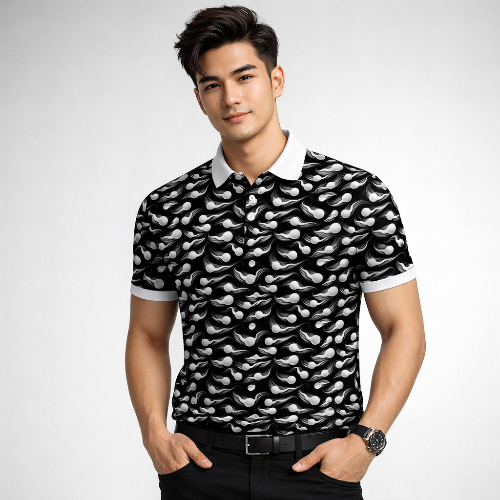 Black & White Golf Polo Shirt – Abstract Ball Pattern All Over Print