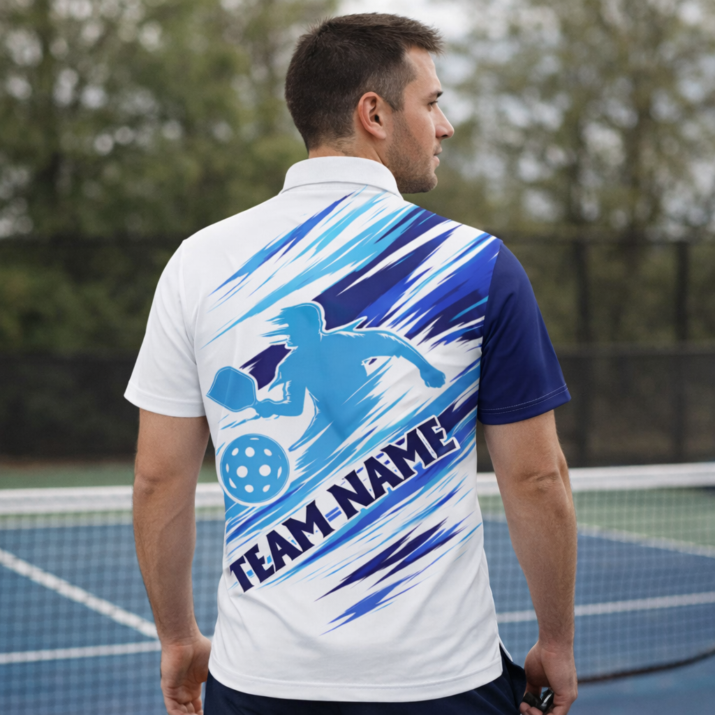 Custom Pickleball Polo Shirt Personalized Team Name Player Name Blue White Sport Shirt