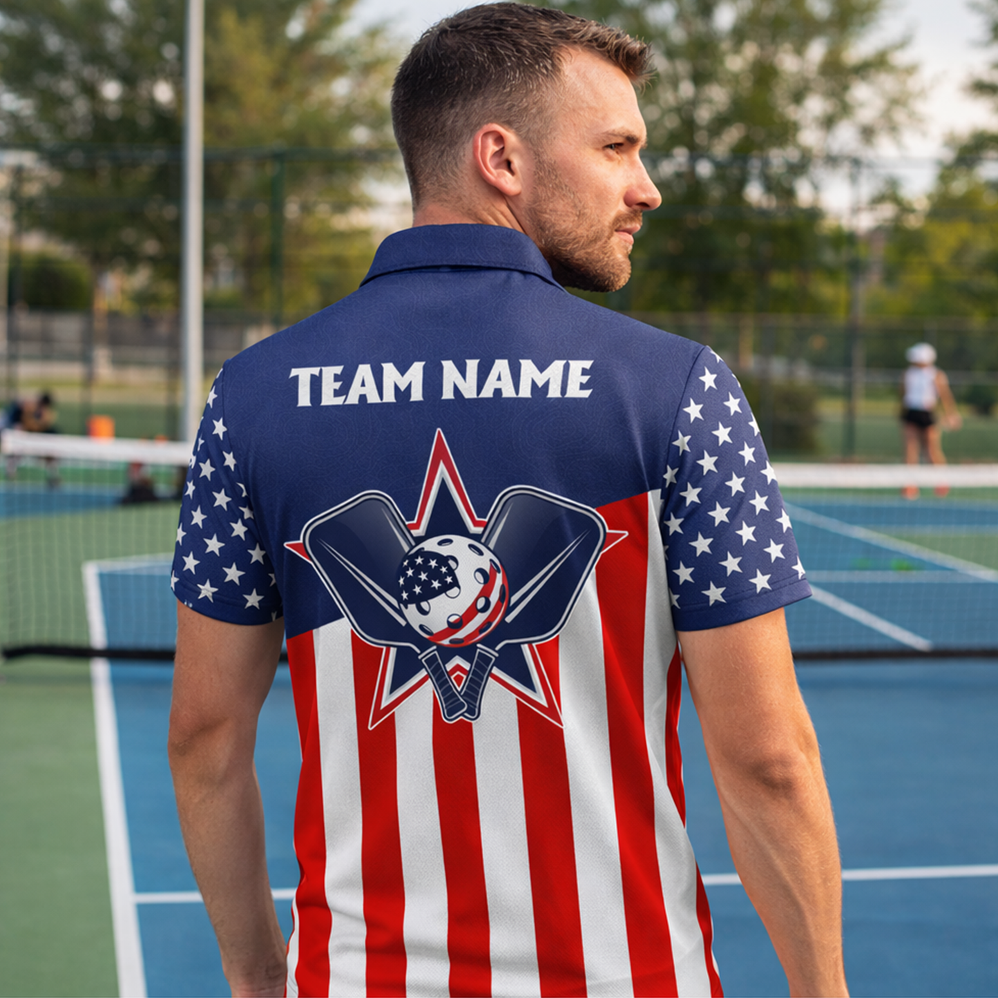 Men's American Flag Pickleball Polo Shirt, Custom Name Team USA Patriotic Short Sleeve Golf Polo for Pickleball Players