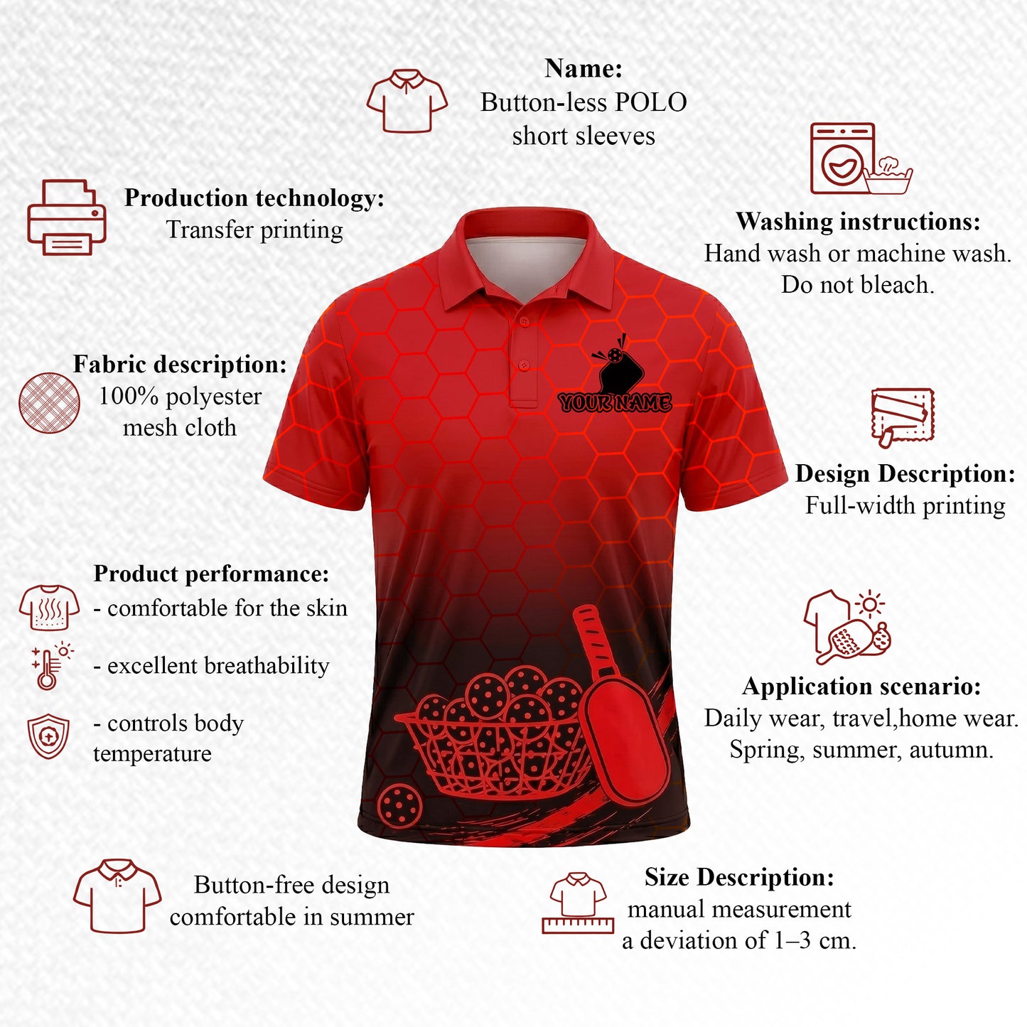 Custom Pickleball Red Hex Polo Shirt
