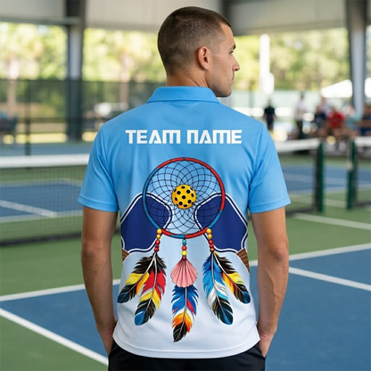 Custom Pickleball Polo Shirt Personalized Name Dreamcatcher Paddle Team Shirt Blue Gradient Performance Polo