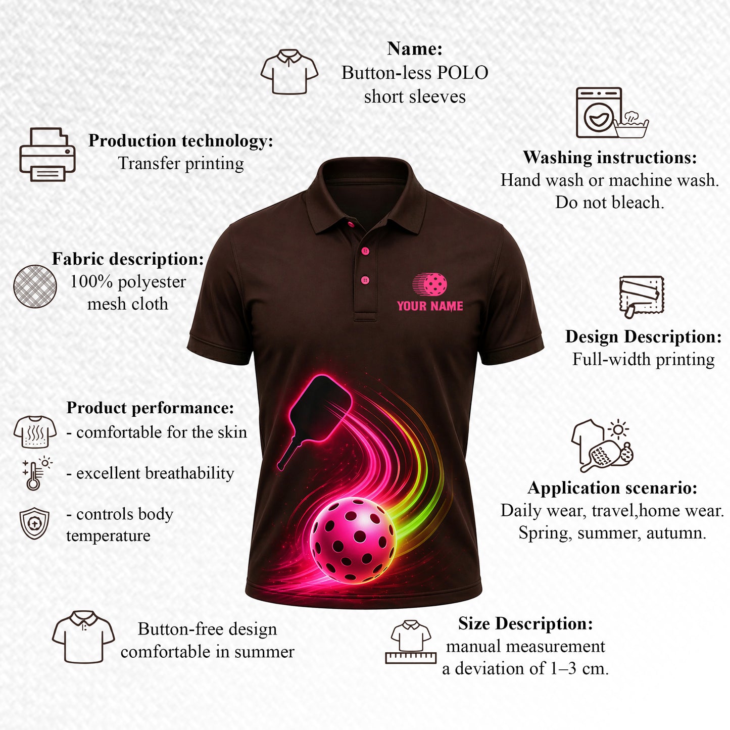 Neon Glow Pickleball Paddle Ball Mens Polo Brown Pink