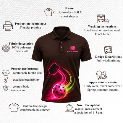 Neon Glow Pickleball Paddle Ball Mens Polo Brown Pink