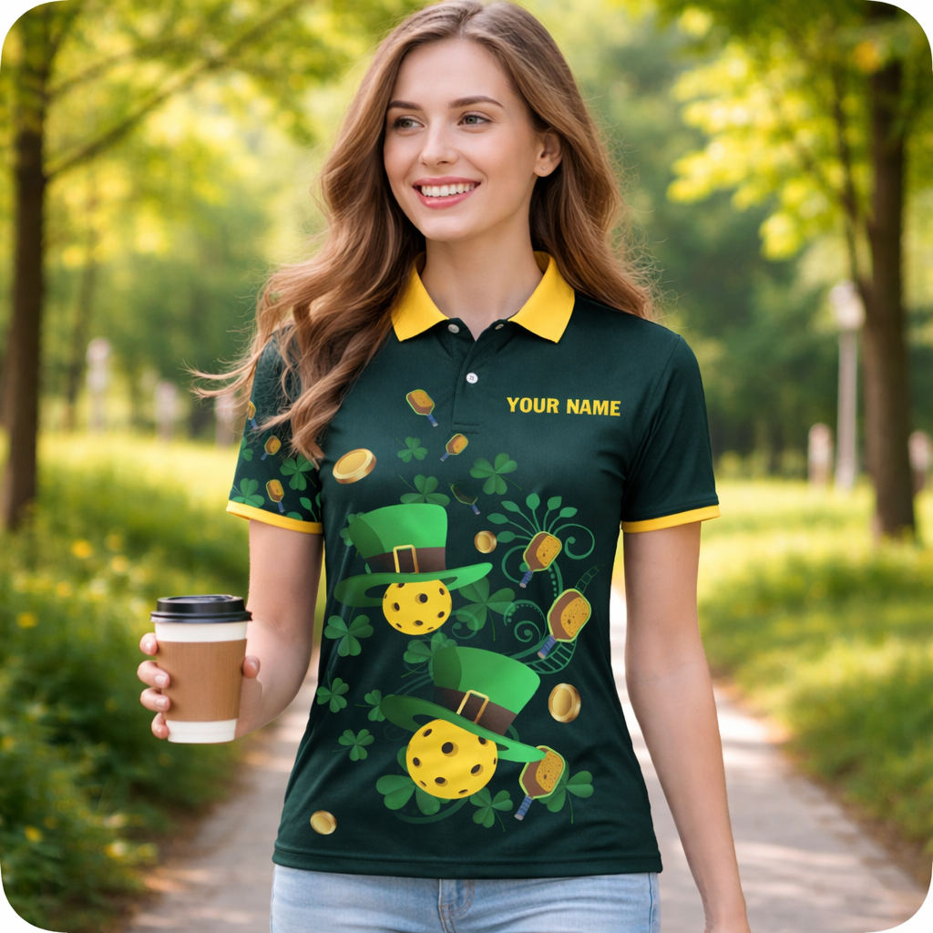 Custom Pickleball Polo Shirt St Patrick Day Personalized Name Team Green Pickleball Shirt Lucky Shamrock Performance Polo