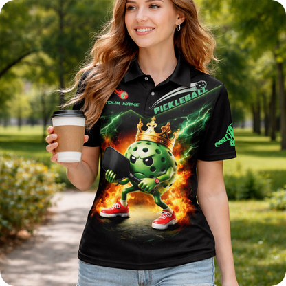 Pickleball Polo Shirt Crown King Pickleball Ball Fire Lightning Custom Name Performance Shirt