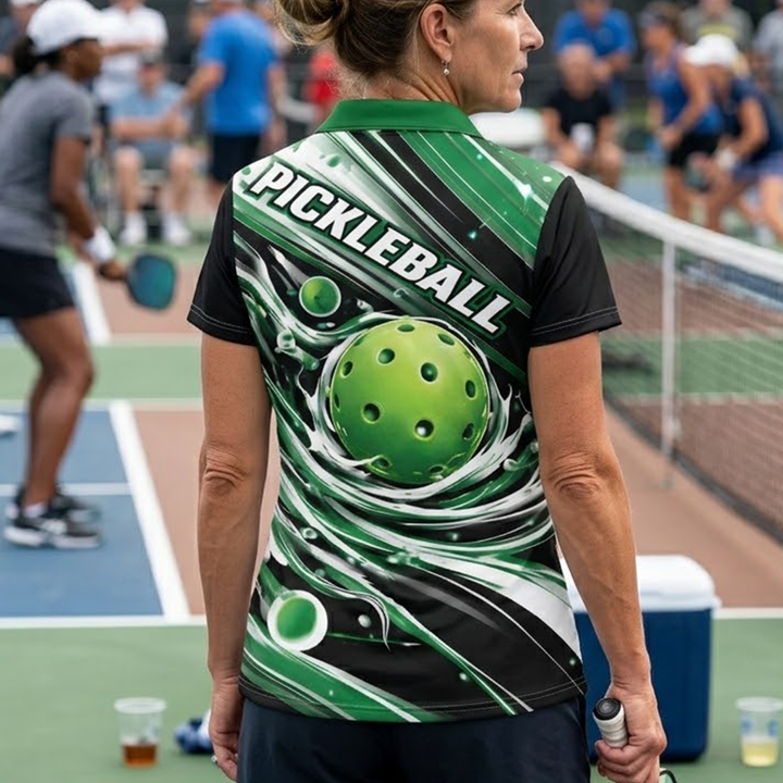 Pickleball Polo Shirt Custom Name Green Dynamic Ball Splash Design Unisex Sports Shirt