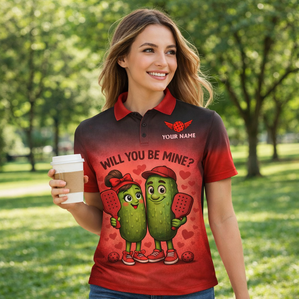 Personalized Valentine Pickleball Polo Shirt Will You Be Mine Cute Pickle Couple Custom Name Team Men's Short Sleeve Red Black Gradient Tee