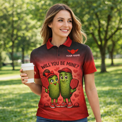 Personalized Valentine Pickleball Polo Shirt Will You Be Mine Cute Pickle Couple Custom Name Team Men's Short Sleeve Red Black Gradient Tee