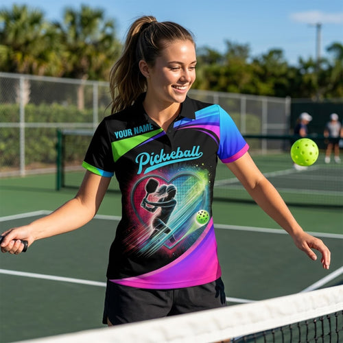Personalized Pickleball Polo Shirt Neon Heart Player Graphic Custom Name Performance Polo for Women