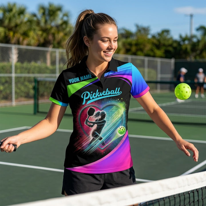 Personalized Pickleball Polo Shirt Neon Heart Player Graphic Custom Name Performance Polo for Women