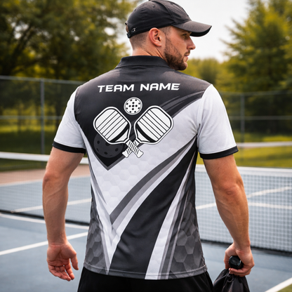 Custom Pickleball Polo Shirt Black White Personalized Name Performance Sports Polo for Men Women