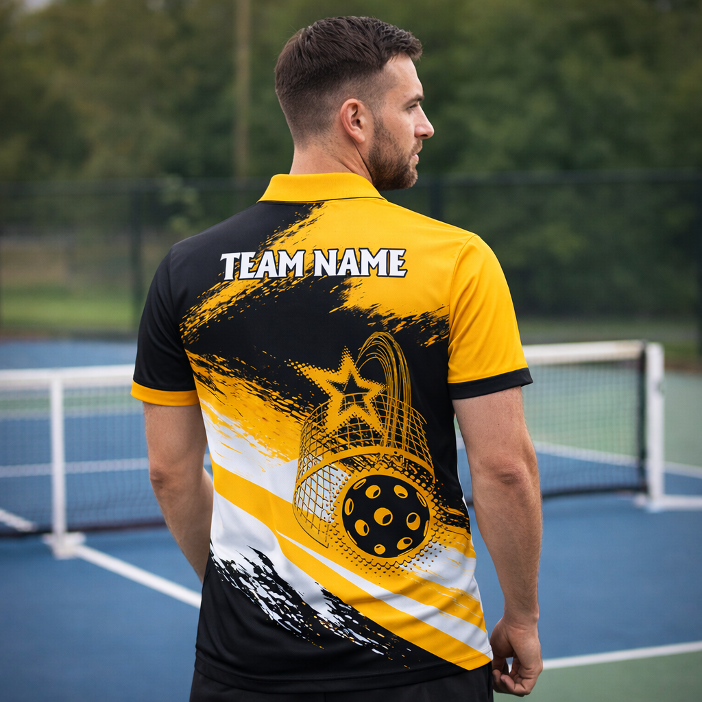 Personalized Pickleball Polo Shirt Custom Name Team Sport Black Yellow Performance Shirt