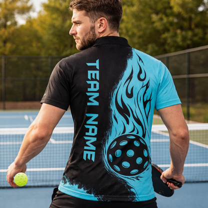 Personalized Pickleball Polo Shirt Flame Ball Graphic Custom Name Sport Performance Tee