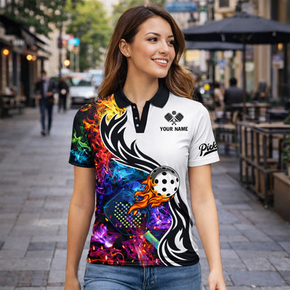Custom Pickleball Polo Shirt Flame Ball Graphic Personalized Name Team Sports Shirt Breathable Performance