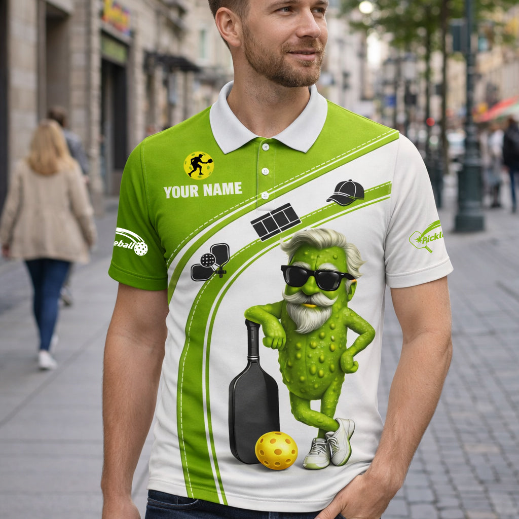 Funny Pickleball Polo Shirt Custom Name Cool Pickle Character Green White