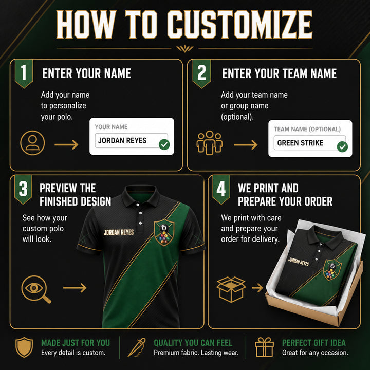 Custom Billiards Team AOP Polo – Player Name Front, Team Name Back - How to customize