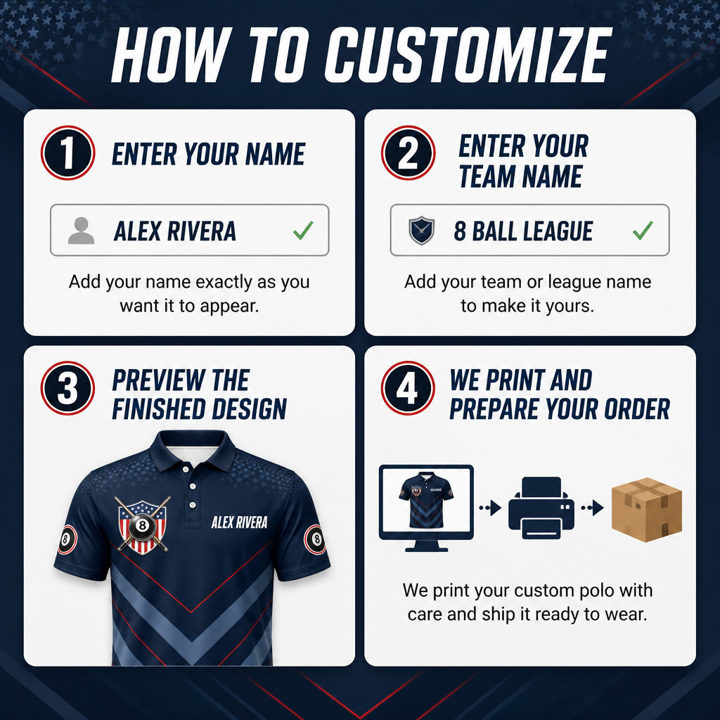 Custom Billiards Team AOP Polo – USA Shield – Name & Team - How to customize