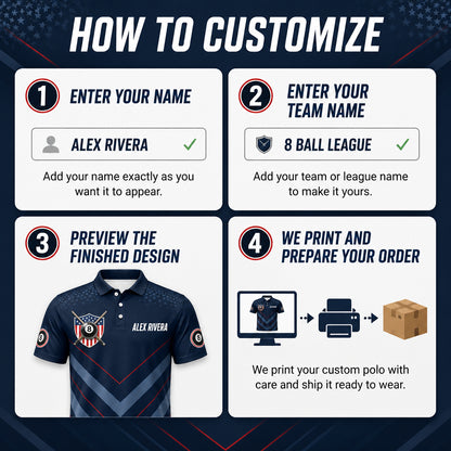 Custom Billiards Team AOP Polo – USA Shield – Name & Team - How to customize
