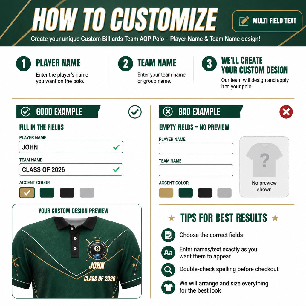 Custom Billiards Team AOP Polo – Player Name & Team Name - How to customize
