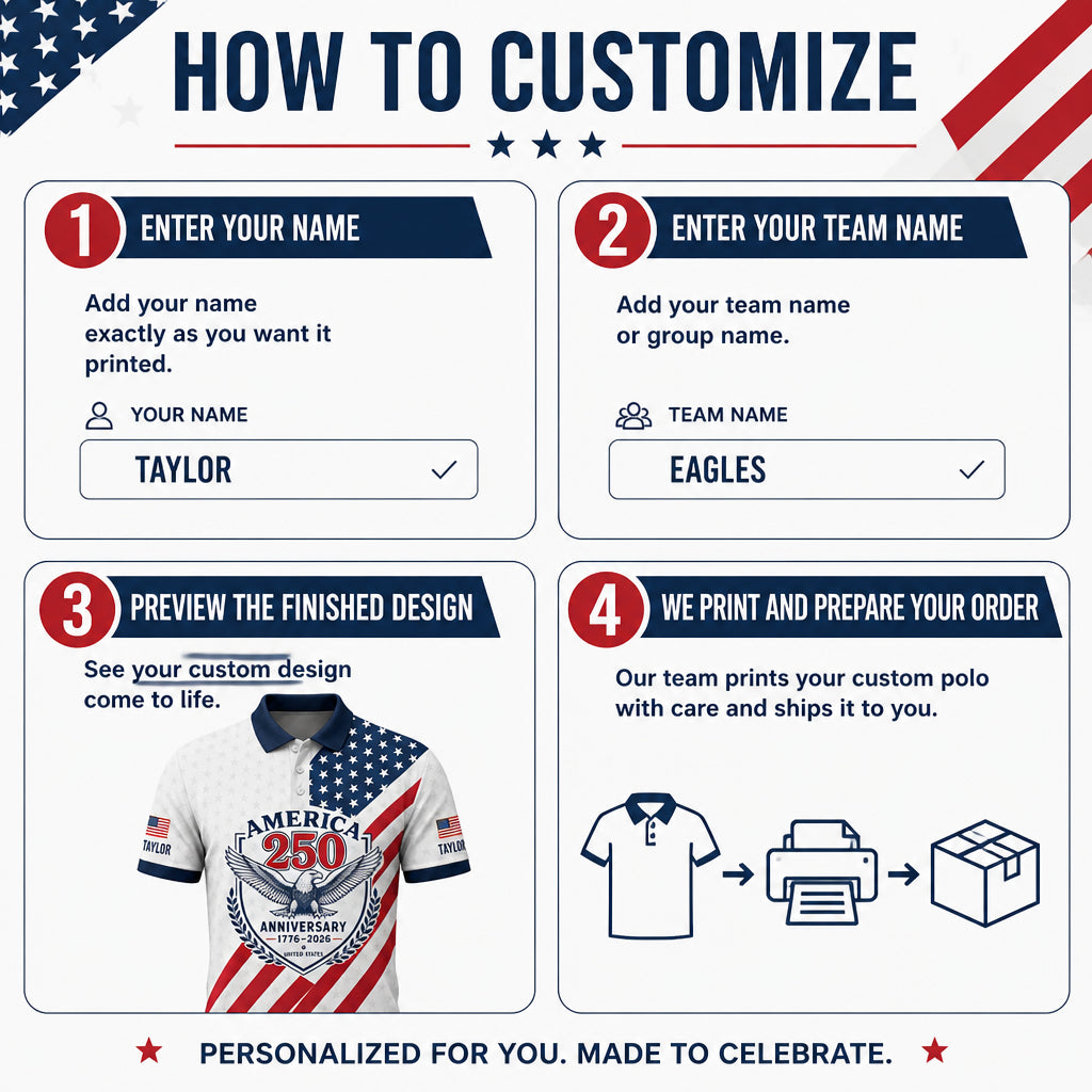 America 250 Anniversary Polo – Custom Name Sleeves - How to customize