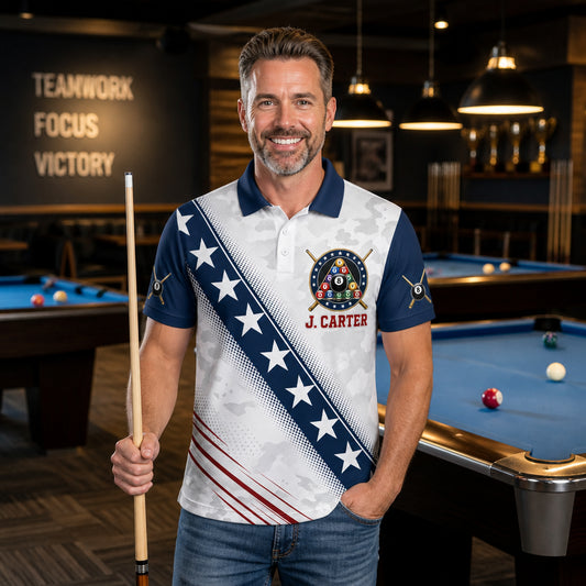 Patriotic Billiards Team AOP Polo – Custom Name & Team - Lifestyle 1