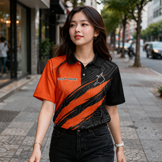 Custom Pickleball Polo Shirt Black Orange Performance Team Name Personalized Unisex Sports Polo