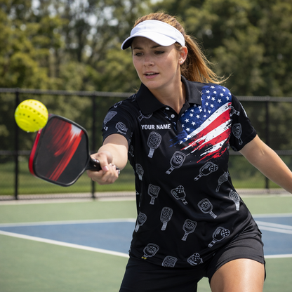 Personalized Pickleball Polo Shirt Custom Name USA Flag Performance Shirt