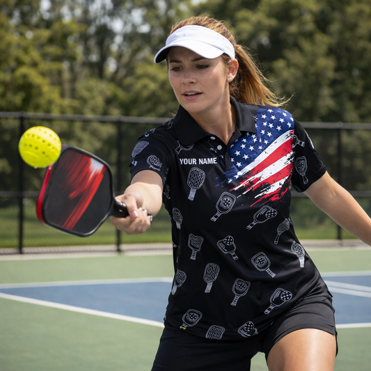 Personalized Pickleball Polo Shirt Custom Name USA Flag Performance Shirt
