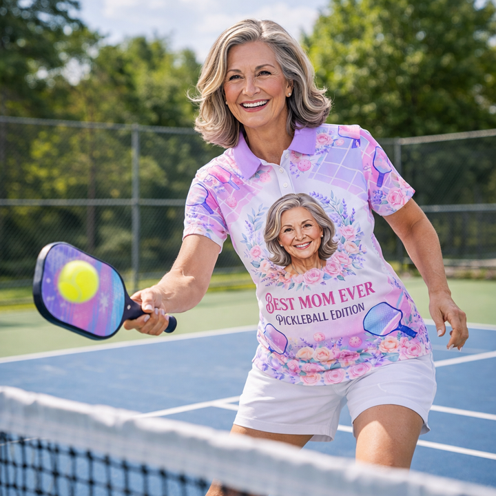 Custom Pickleball Polo Shirt Best Mom Ever Floral Paddle
