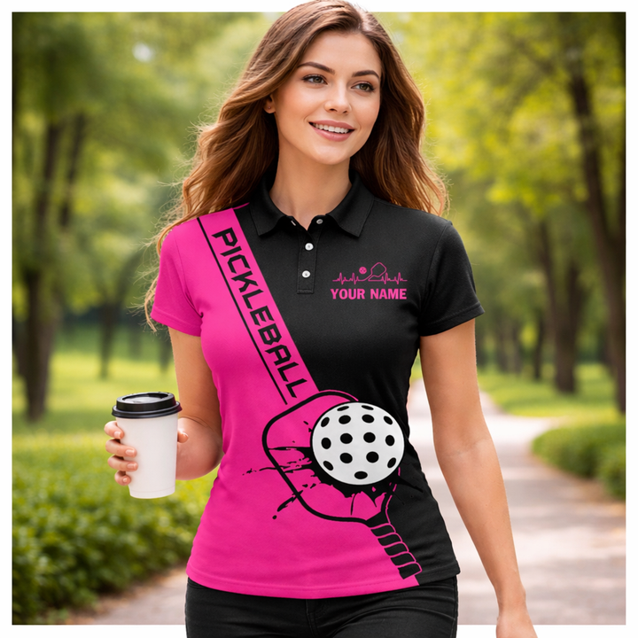 Personalized Pickleball Polo Shirt Women Pink Black Sport Shirt Custom Name Breathable Performance Top
