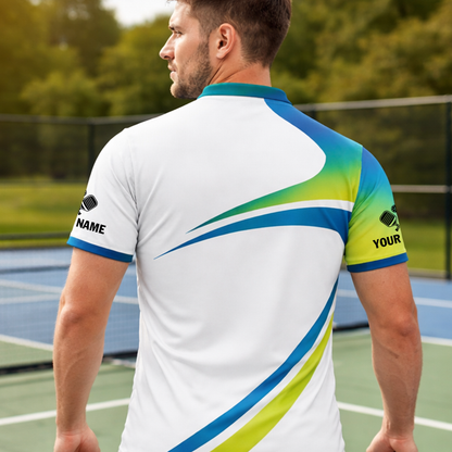 Custom Pickleball Polo Shirt Dynamic Player Graphic Personalized Name Performance Sport Shirt White Blue Green