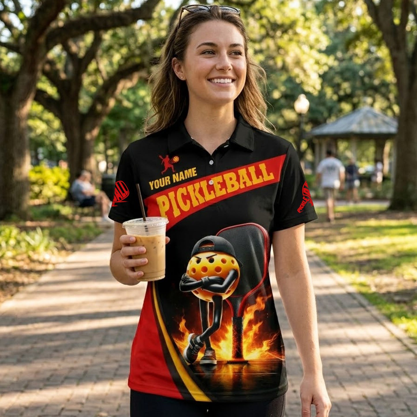 Custom Pickleball Polo Shirt Funny Fire Ball Player Graphic Personalized Name Performance Shirt