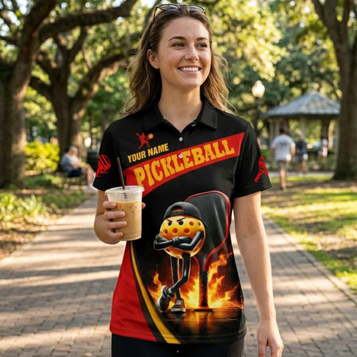 Custom Pickleball Polo Shirt Funny Fire Ball Player Graphic Personalized Name Performance Shirt