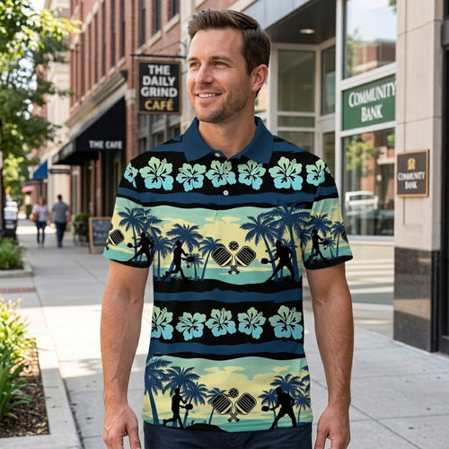 Hawaiian Pickleball Polo Shirt Tropical Beach Palm Tree Hibiscus Breathable Sports Shirt