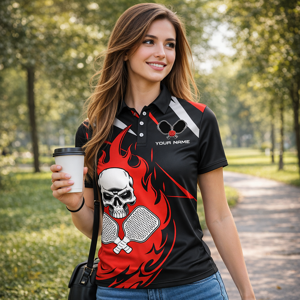 Custom Pickleball Polo Shirt Skull Flame Design Personalized Name Team Shirt Performance Sports Polo