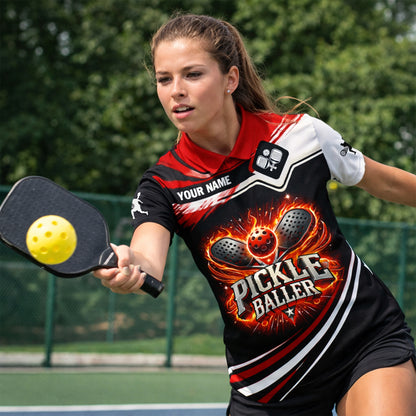 Pickle Baller Fire Polo Shirt Personalized Name Pickleball Performance Shirt Red Black