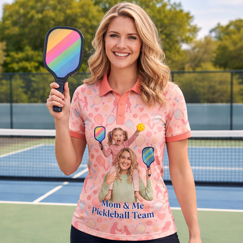 Mom & Me Custom Photo Pickleball Polo Shirt Peach Family