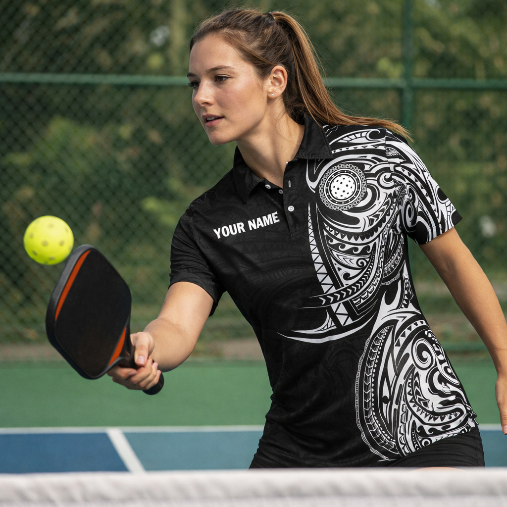 Personalized Pickleball Polo Shirt Tribal Black White Custom Name Team Sport Shirt