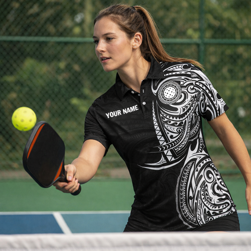 Personalized Pickleball Polo Shirt Tribal Black White Custom Name Team Sport Shirt