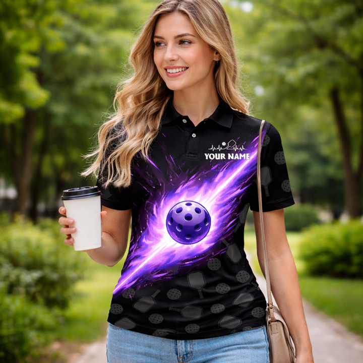 Personalized Pickleball Polo Shirt Purple Fire Ball Custom Team Name Performance Shirt All Over Print