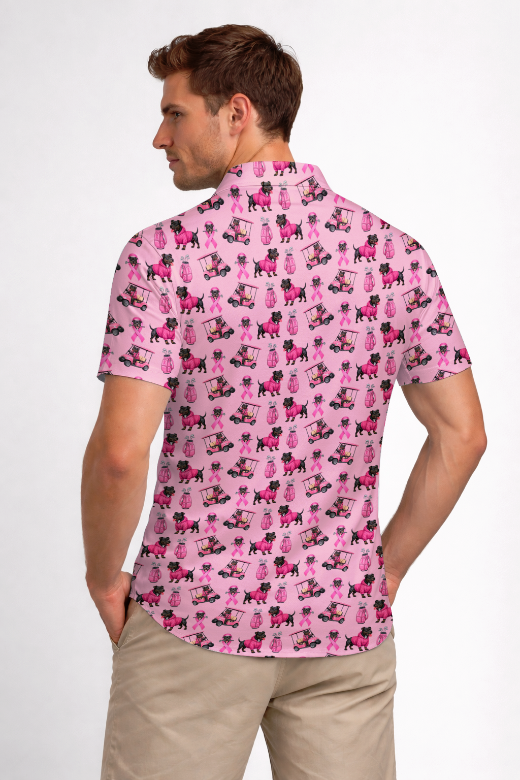 Pink Golf Polo Shirt with Dog Print – Breast Cancer Awareness Ribbon All Over Print Polo