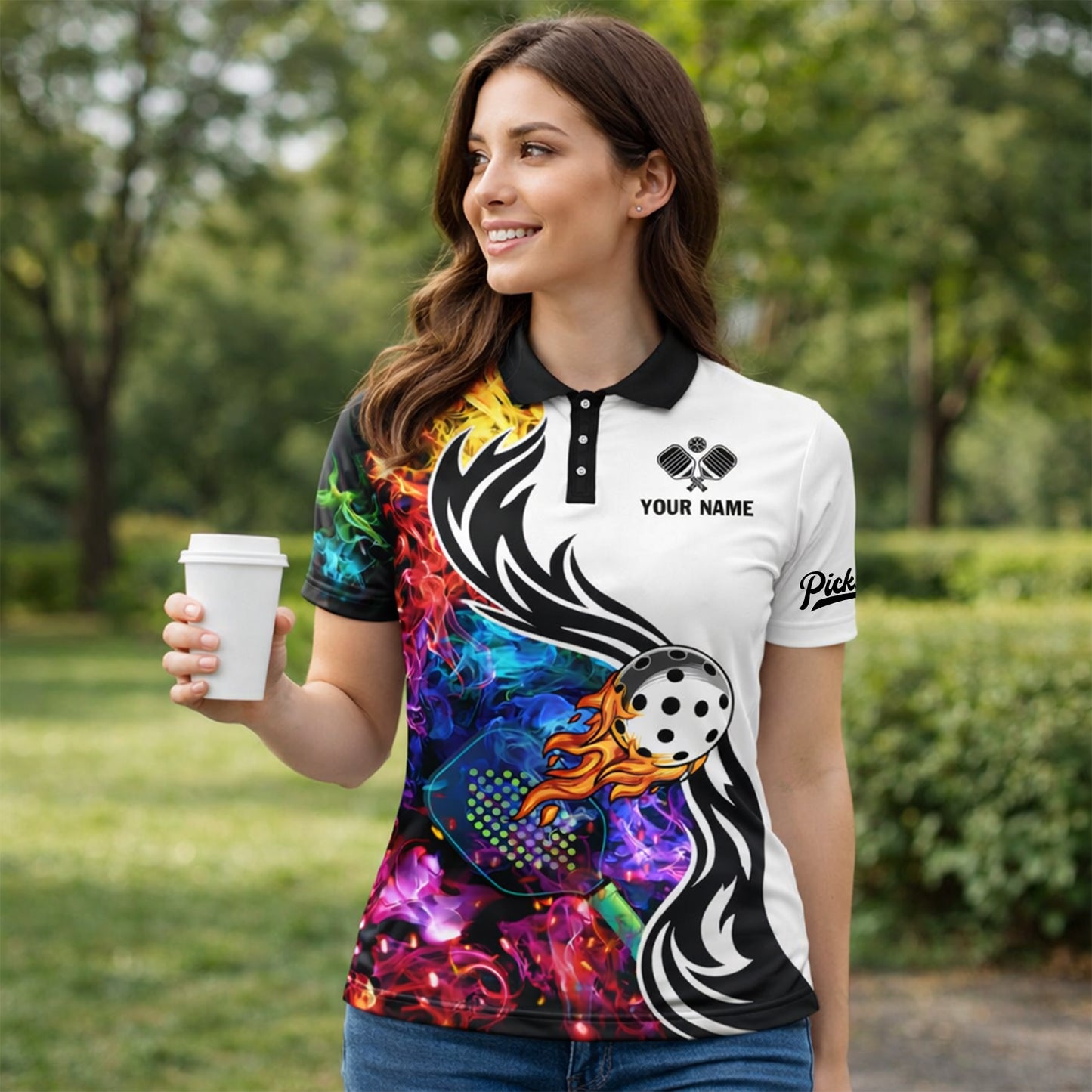 Custom Pickleball Polo Shirt Flame Ball Graphic Personalized Name Team Sports Shirt Breathable Performance