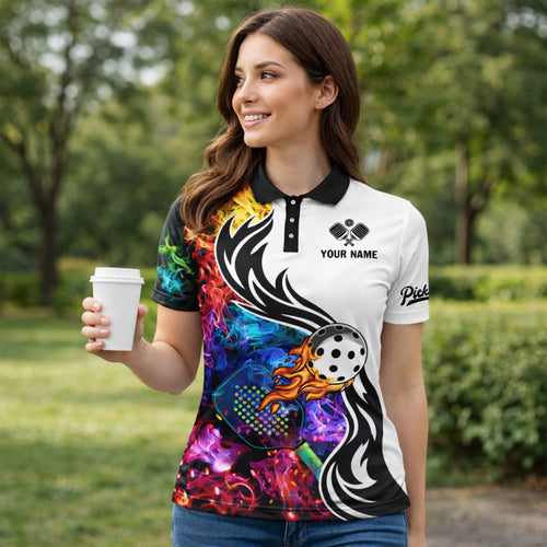 Custom Pickleball Polo Shirt Flame Ball Graphic Personalized Name Team Sports Shirt Breathable Performance
