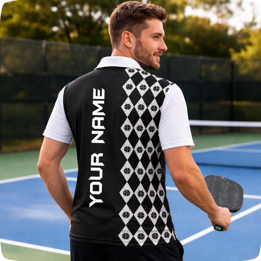 Custom Pickleball Polo Shirt Personalized Name Argyle Black White Performance Team Shirt Unisex
