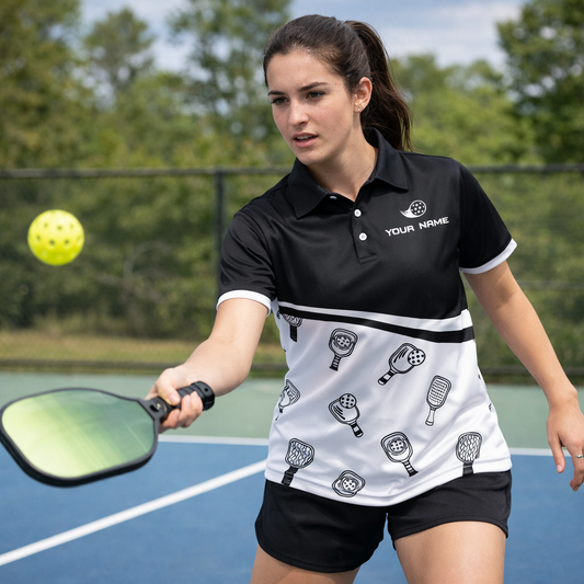 Custom Pickleball Polo Shirt Black White Paddle Pattern Personalized Name Team Shirt