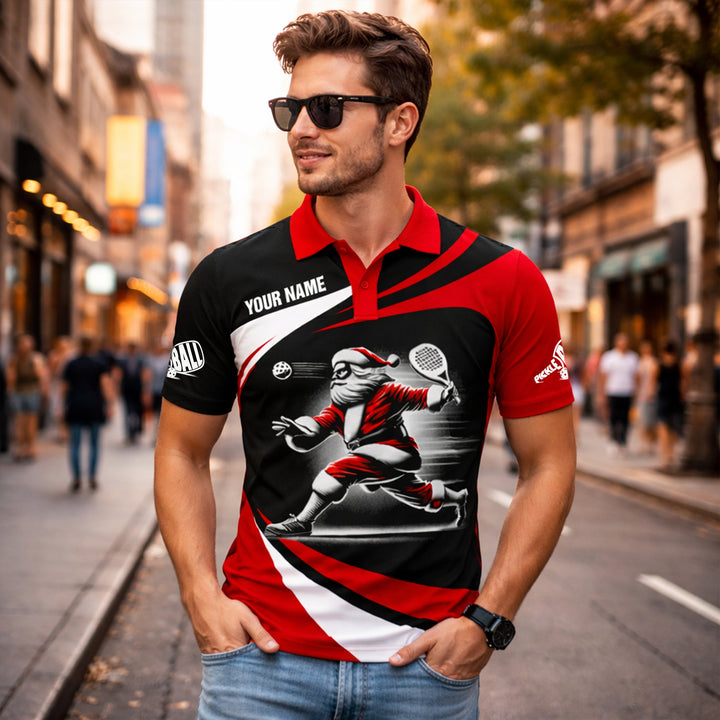 Christmas Pickleball Polo Shirt Custom Name Santa Player Red Black Sports Shirt Gift