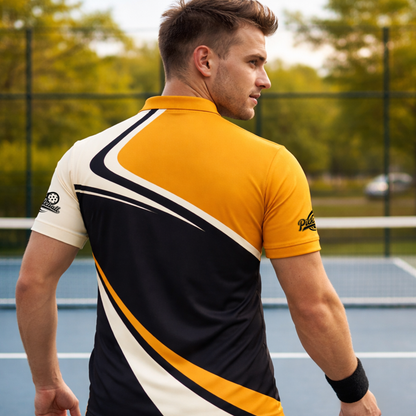 Custom Pickleball Polo Shirt Flaming Paddle Design Personalized Name Performance Sports Shirt Black Gold