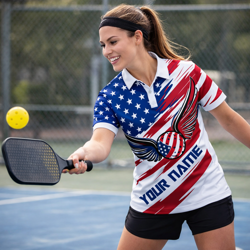Patriotic USA Flag Polo Shirt Custom Name American Eagle Wings Pickleball Shirt